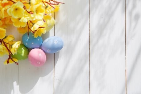 Easter - wood, eggs, easter, flowers, spring