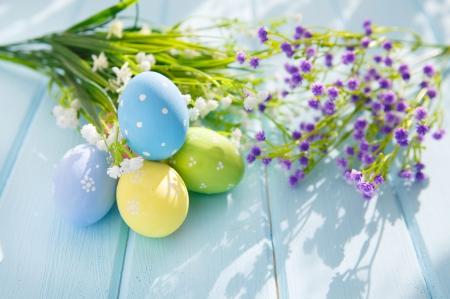 Easter - wood, eggs, easter, flowers, spring