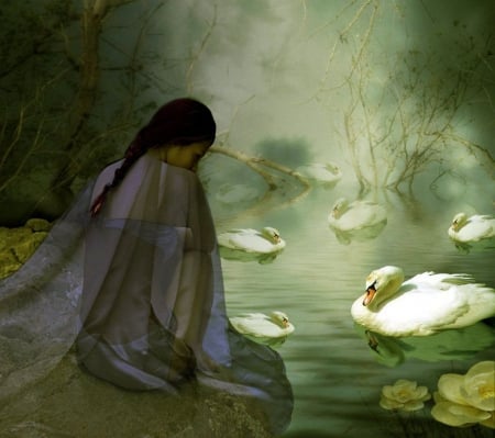 Swan Lady - swans, pond, woman, artwork