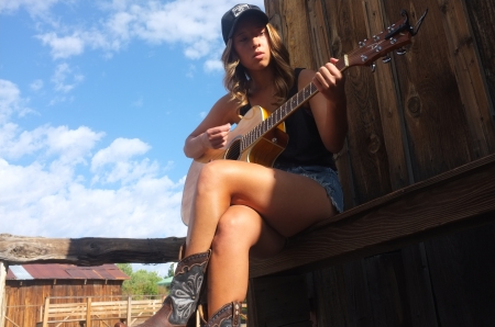 Guitar Picking Cowgirl - boots, daisy dukes, guitar, cowgirl