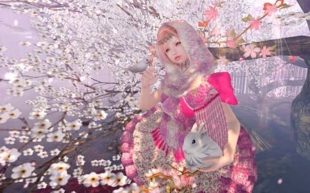 Spring - girl, bunny, fantasy, spring, bird, rabbit, game, pink, blossom, tree, flower