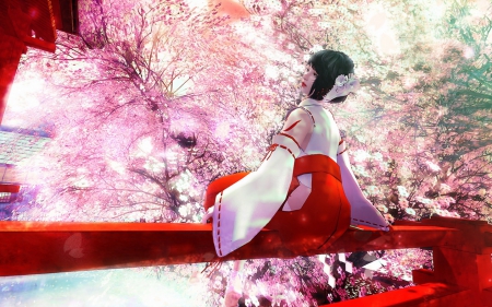 Spring - game, girl, pink, red, blossom, tree, fantasy, spring