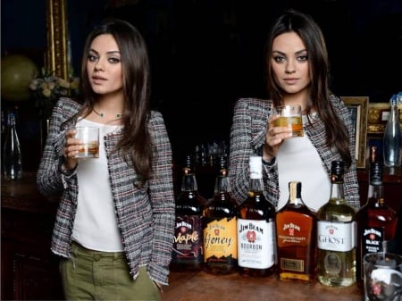 Mila Kunis - actress, jim beam, drinking, mila kunis, wallpaper, model, mila, beautiful, 2015, kunis, bottles