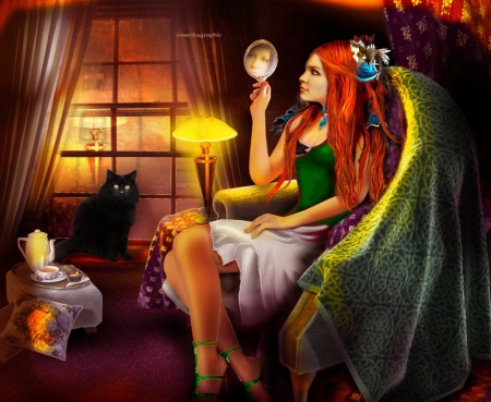 Lemiroirmagique - art, lady, fantasy, cat