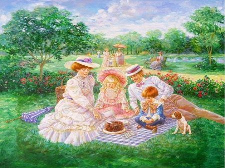  Picnic Day - retro, people, summer, paintings, picnic, grass, happy, family