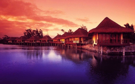 Evening - ocean, bungalows, landscape, evening