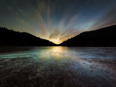 Lake Sunset - nature, lake, reflection, clouds, sunset, mountains