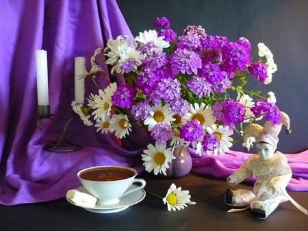 Still Life - flower arrangements, purple, flowers, candles, still life, cup, white, asters, tea cup, nature