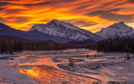 Winter in the Mountains - sky, forest, mountains, winter, water, snow