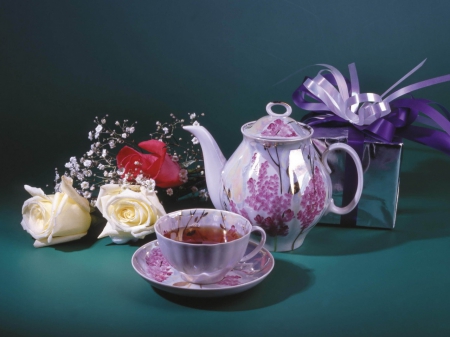 Still Life - flowers, roses, cups, photography, gift, saucer, still life