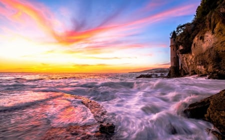 Ocean Sunset - beaches, oceans, sky, sunsets, waves, rocks