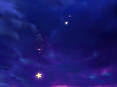 Wish stars - blue, balloon, night, pink, dark, wish stars, fantasy, purple, selenada, cloud, art, luminos, sky