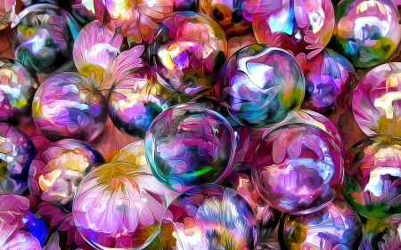 Flowers and bubbles - apinting, art, pink, blue, bubbles, texture, flower, poster