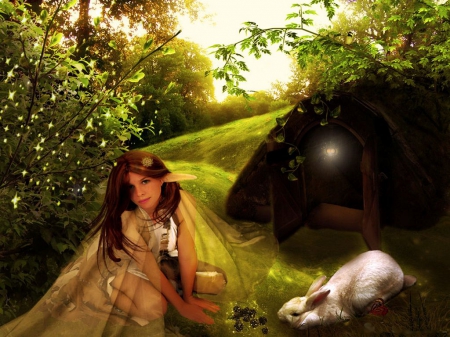 Garden Pleasures - blossoms, rabbit, lawn, spring, trees, girl