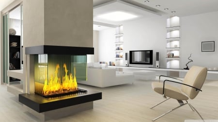 interior design - tv, bookshelf, fireplace, chair