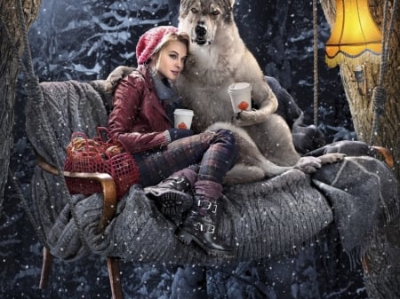 Wolf drinking coffee with Little Red Riding Hood