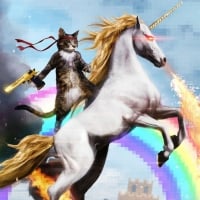 Cat with gun mounted on a unicorn