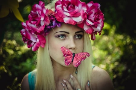 Beauty - beauty, lady, girl, photography, wreath, model, spring, butterfly, flowers