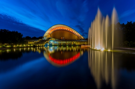 Haus der Kulturen der Welt - Haus der Kulturen der Welt, germany, fountain, pool, lights, world of cultures, night, berline