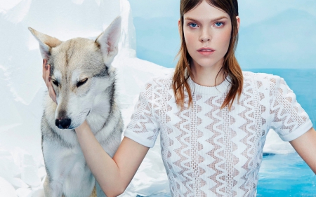 Meghan Collison - meghan collison, animal, winter, model, girl, white, ice, woman, dog, fashion