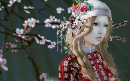 Girl - red, flower, rendering, digital, pink, spring, blossom, game, blonde, girl, white, fantasy, woman