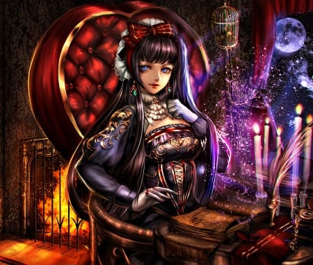 Reader - anime, book, night, light, dark, purple, fire, red, candles, art, luminos, moon, sangrde, girl, orange, reader, fantasy