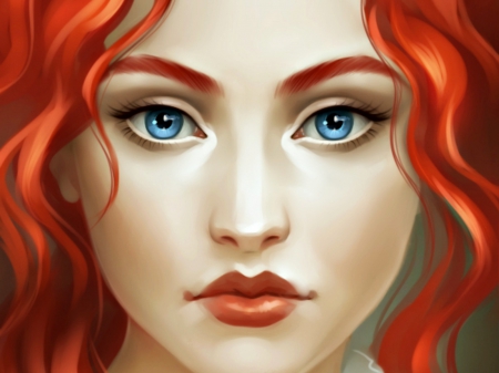 Redhead - woman, beauty, redhead, girl, blue eyes, sharandula, fantasy, face, art