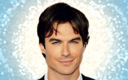 Ian Somerhalder - bokeh, eyes, tv series, ian somerhalder, face, white, man, blue, by cehenot, damon, actor, a ctor, smile, vampire diaries