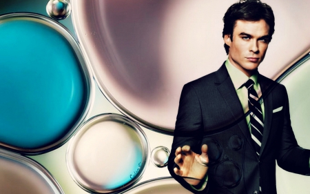 Ian Somerhalder - actor, by cehenot, blue, tv series, pink, man, vampire diaries, water bubbles, black, white, Ian Somerhalder, glass, damon