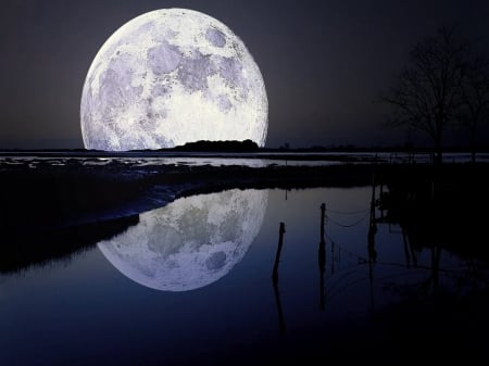 Lunar reflection - moon, night, water, reflection