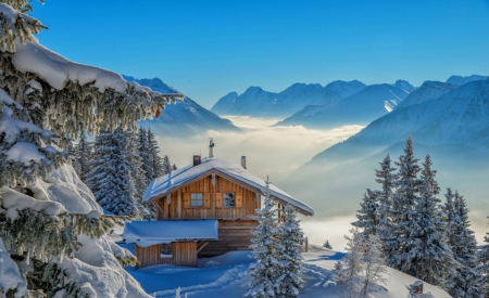 Winter Dream - clouds, winter, Alps, beautiful, snow, blue sky, forest, great view, cold, mountains, cottage