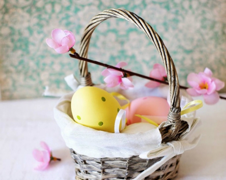 Easter Eggs - easter, flowers, basket, eggs