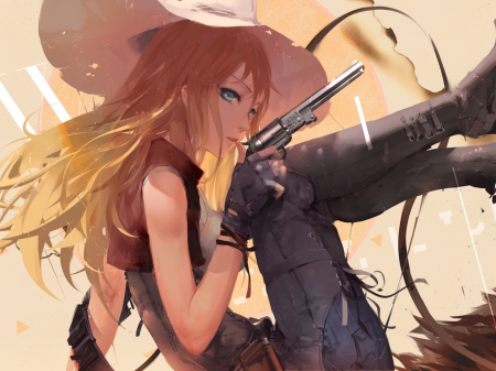 Cowgirl - cowgirl, hat, blonde, anime, gun, girl