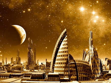 Fantasy city - moon, futuristic, golden, alien