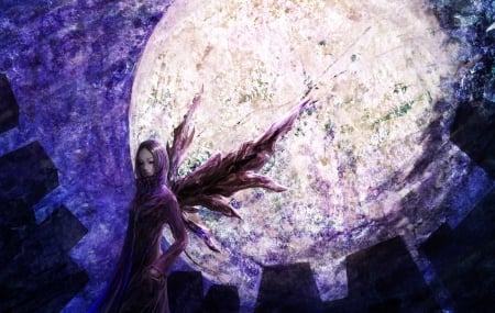 Irimi Kaya - pixiv, girl, angel, fantasy, white, art, purple, full moon, pink, luminos, blue, tokyo kushu, anime, irimi kaya, luna, manga