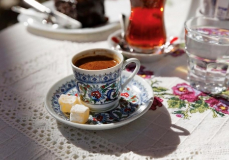 Delight - sweets, coffee, hot, black, cup, vintage, table, cafe, decoration