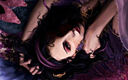 Hypnosis - woman, girl, black, fantasy, face, art, purple, eireen, pink, hypnosis