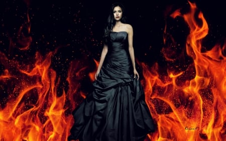 Nina Dobrev as Elena - nina dobrev, tv series, the vampire diaries, black, fire, by cehenot, orange, elena, dress