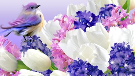 Spring Flowers and Bird