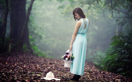 Woman lost in the woods - girls, hat, lovely, woods, basket, woman