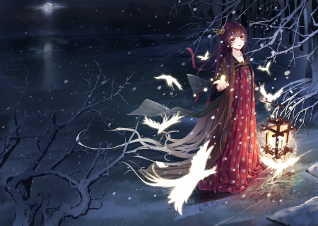 Fantasy Night - girl, winter, night, japanese, orginal, fantasy, japan, lantern, snow, birds