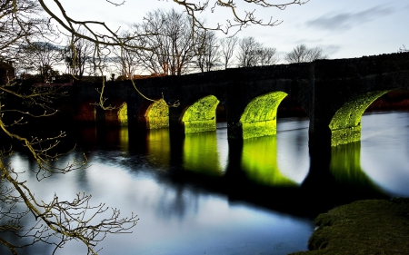 Mossy bridge - sky, brick, river, moss, tree, bridge