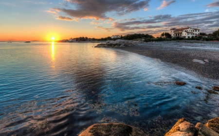 Superb sunset - cloud, sky, beaches, house, sunset, sea