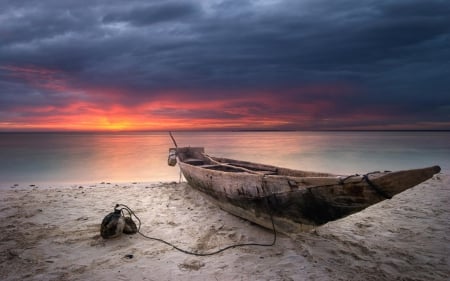 Wooden boat - cloud, sand, sky, boat, beaches, seaside, sea