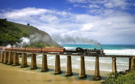 Steamy train - cloud, train, sand, sky, hill, railway, sea