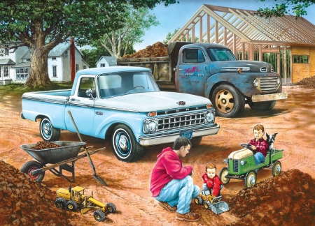 Learning The Trade - ford, construction, children, pick up, dad