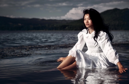 Female - white dress - white, lake, female, dress