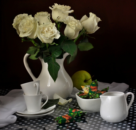 Still life - flowers, teatime, roses, soft