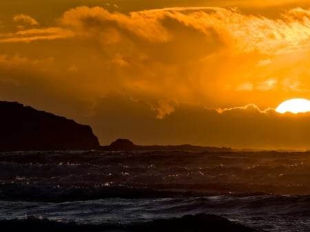 Beautiful Sunset - nature, sky, ocean, clouds, mountains, sunset, sea