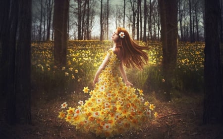 Spring - yellow, girl, spring, forest, flower, tree, black, fantasy, woman, art, woods